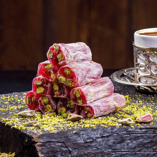 Pomegranate Pistachio Turkish Delight – Fitil Lokum Roll – Handmade Vegan Sweet – Natural Candy – Gourmet Turkish Treat